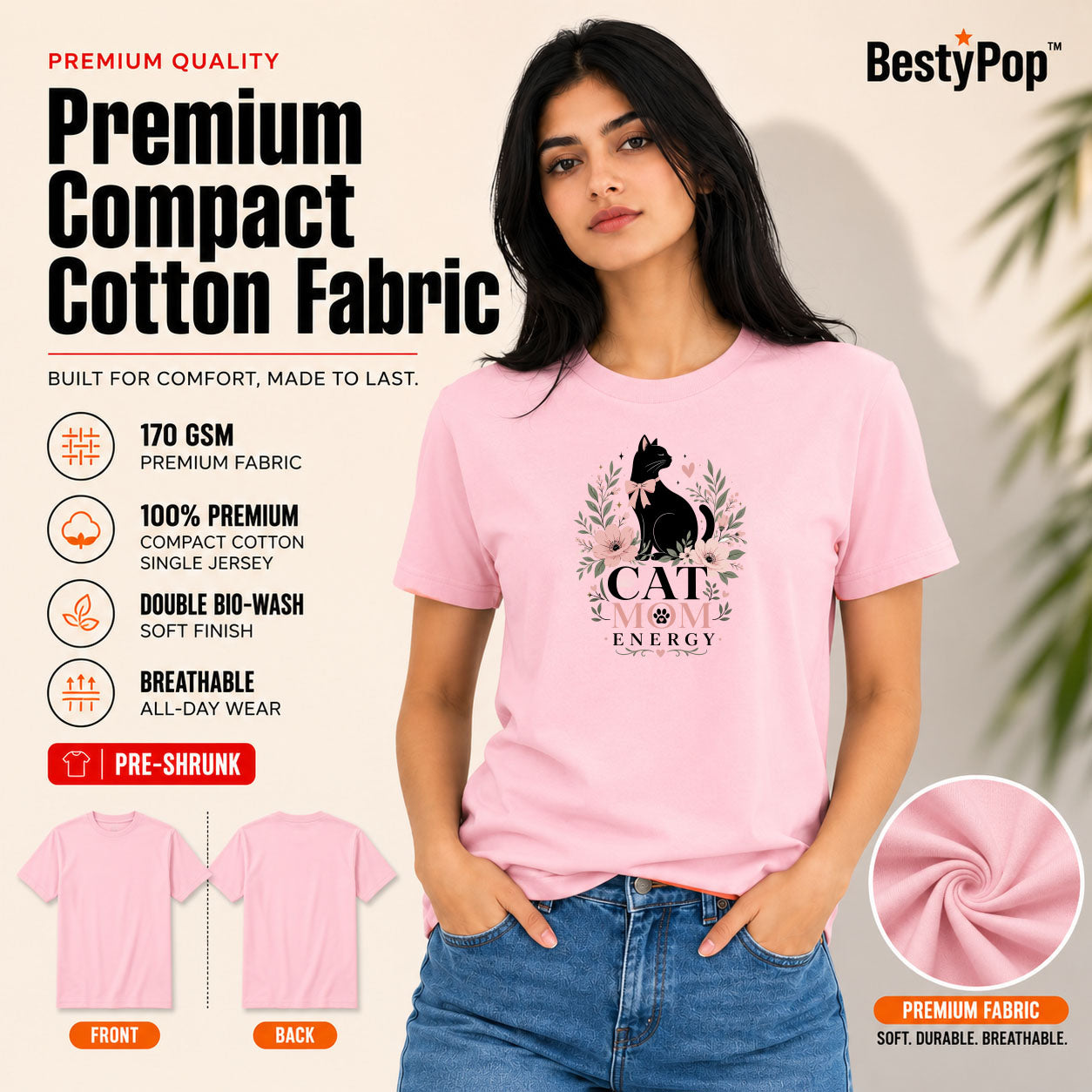 Cat Lover's Round Neck T-Shirts For Women - Cat Mom - (170 GSM) single jersey