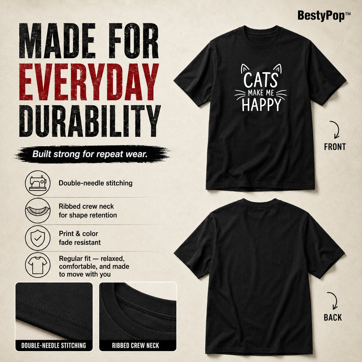 Cat Lover's Round Neck T-Shirts For Women - Happy Cats - (170 GSM) single jersey