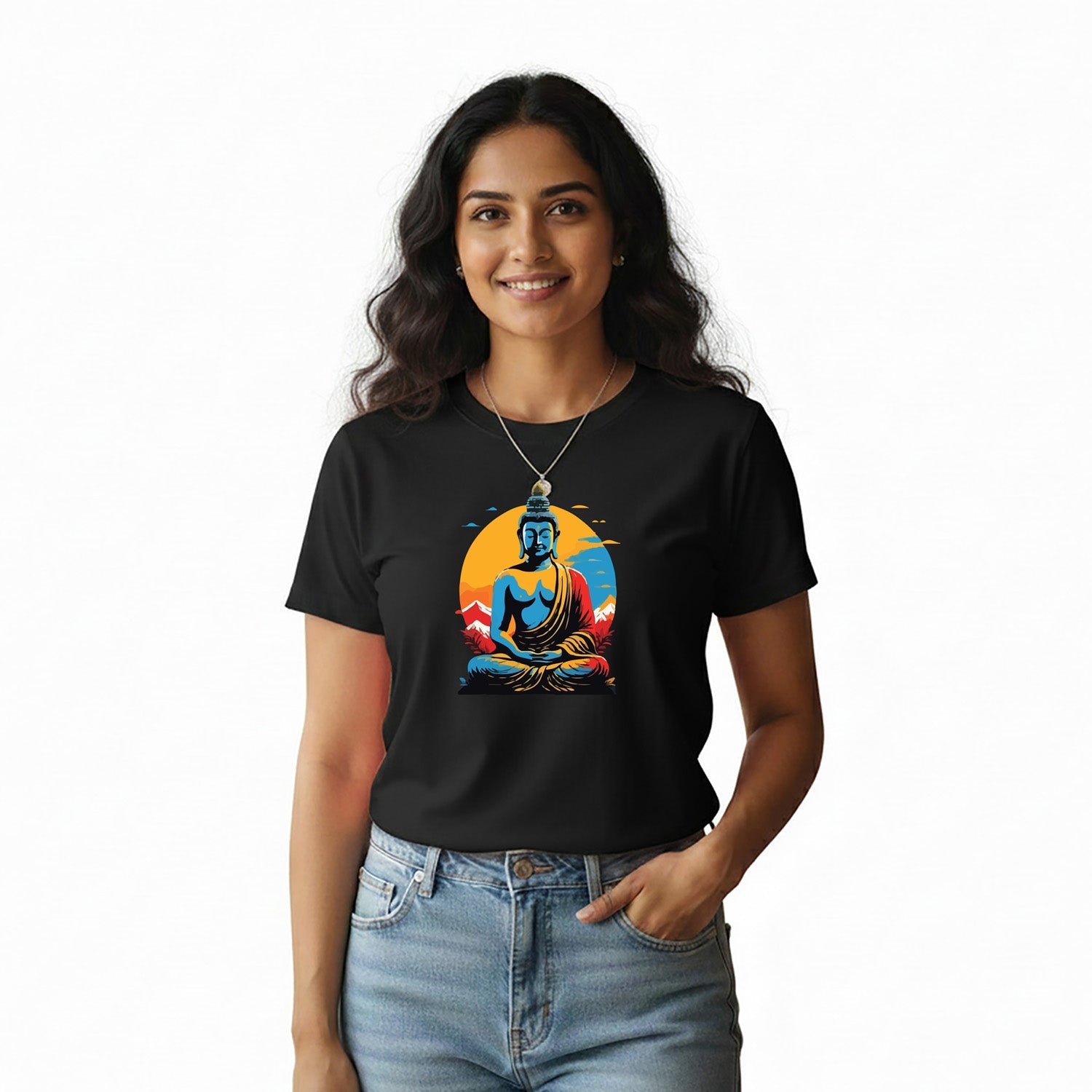 Women’s Graphic Print Round Neck T-Shirt- Buddha (170 GSM single jersey)