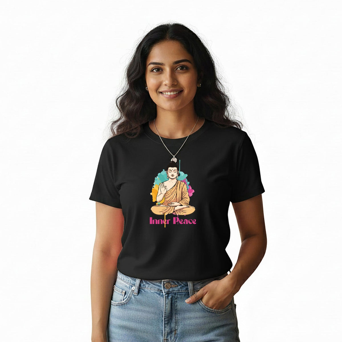 Women’s Graphic Print Round Neck T-Shirt- Buddha (170 GSM single jersey)