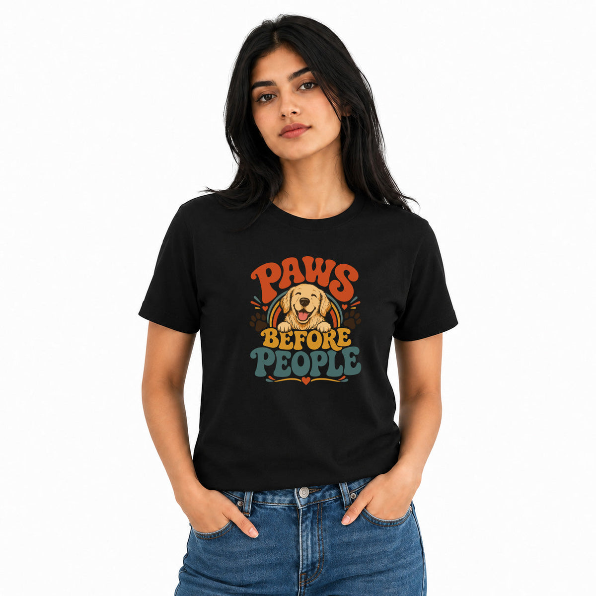 Dog Lover's Round Neck T-Shirts For Women - Happy Paws - (170 GSM) single jersey