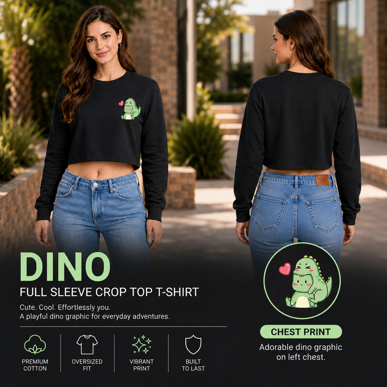 Women’s Oversized full Sleeve Crop Top - Dino (270 GSM French Terry)