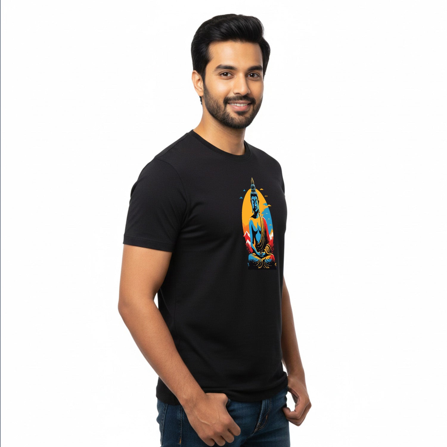 Men’s Graphic Print Round Neck T-Shirt- Buddha (170 GSM single jersey)