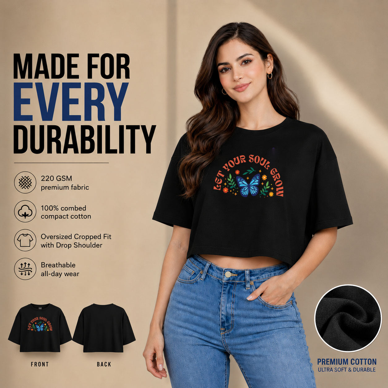 Women’s Oversized Half Sleeve Crop Top - Soul Grow (220 GSM Interlock Fabric)