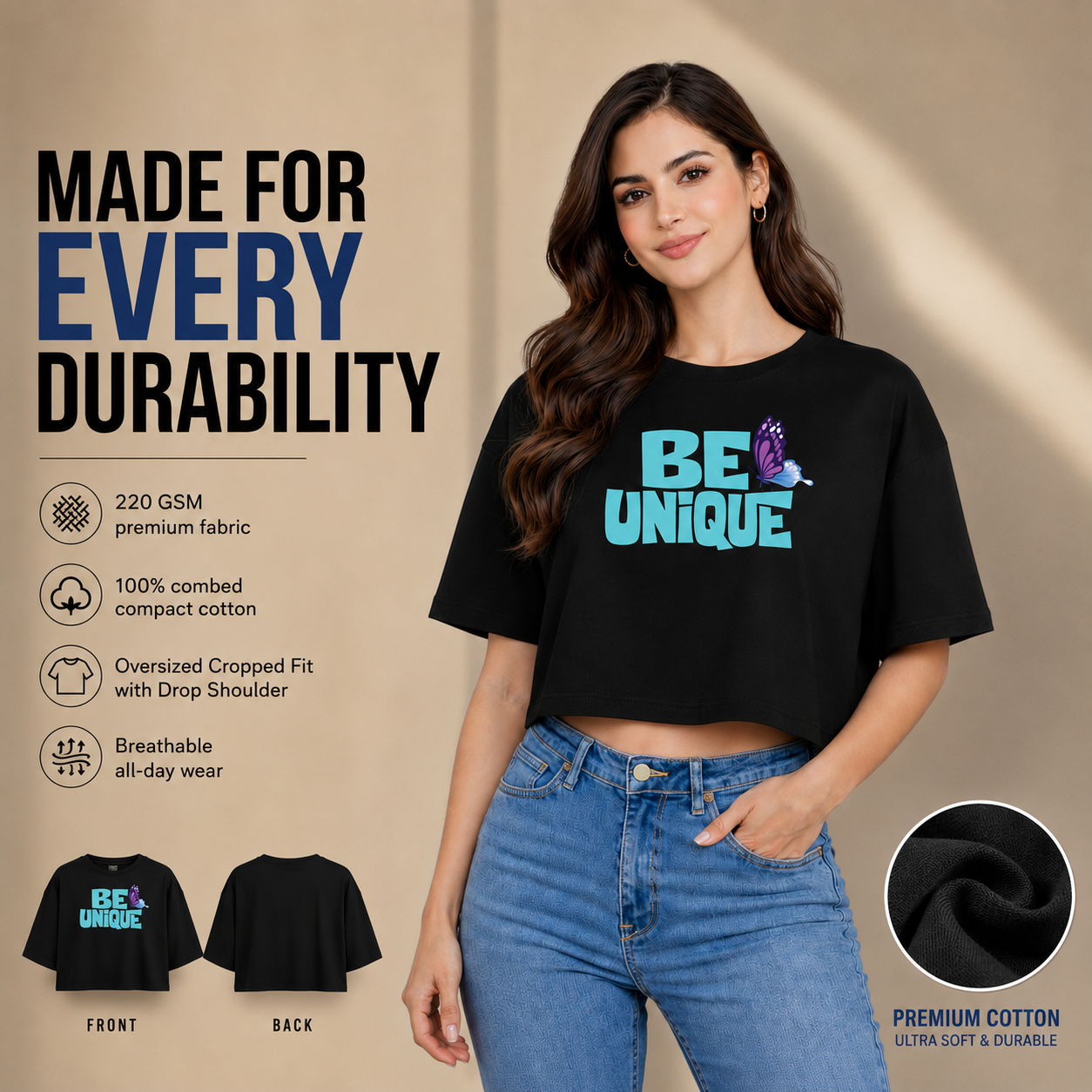 Women’s Oversized Half Sleeve Crop Top - Be Unique (220 GSM Interlock Fabric)