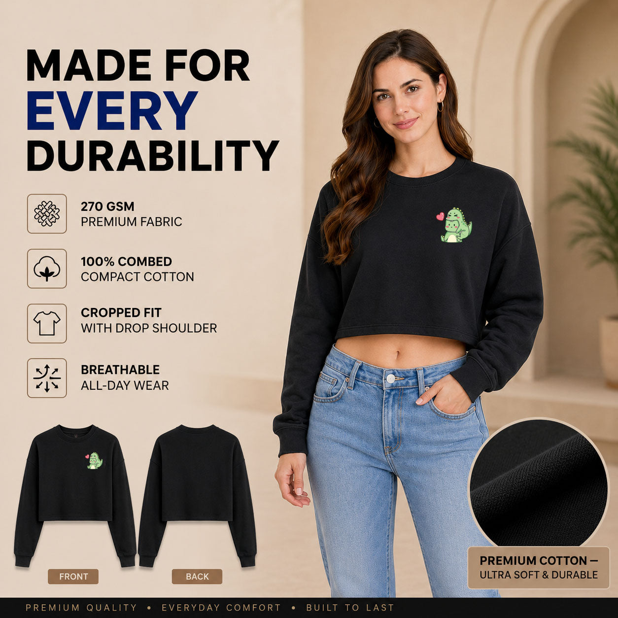 Women’s Oversized full Sleeve Crop Top - Dino (270 GSM French Terry)