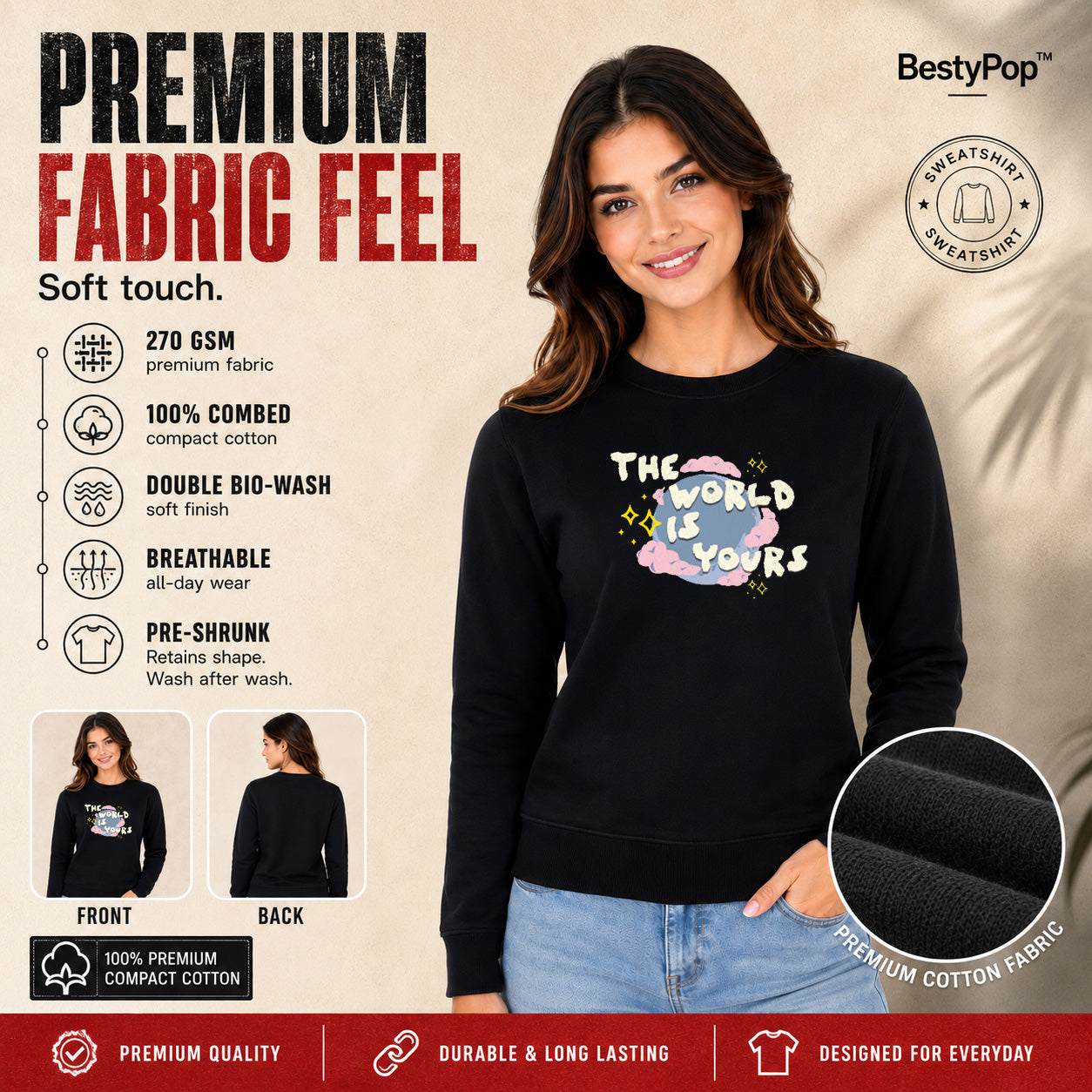 Women’s Graphic Print Round Neck Sweatshirt - 270 GSM