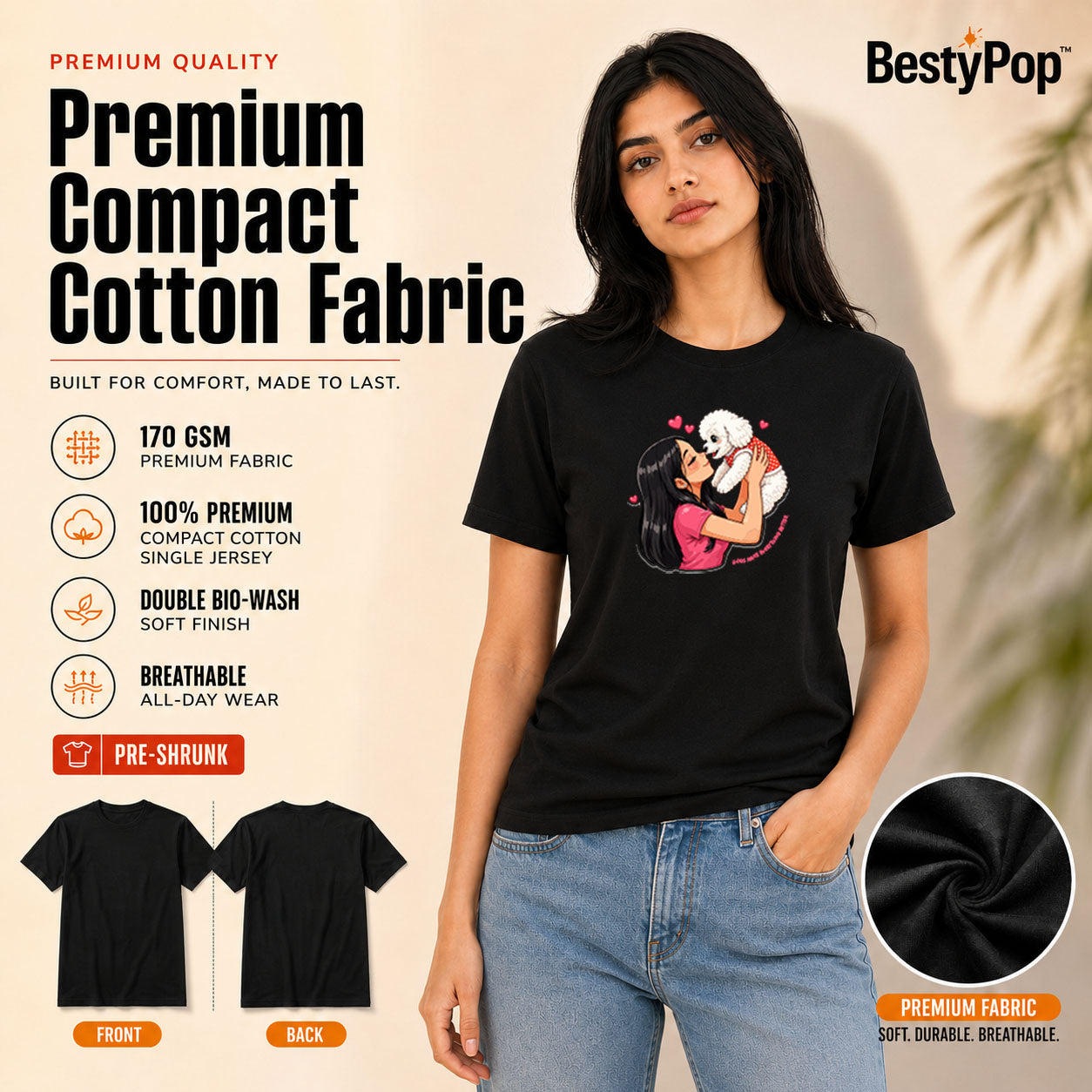 Dog Lover's Round Neck T-Shirts For Women - Paws Love - (170 GSM) single jersey
