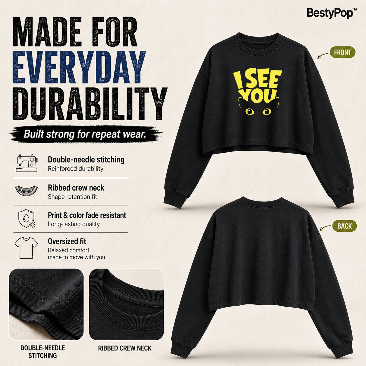 Women’s Oversized full Sleeve Crop Top - I see you (270 GSM French Terry)
