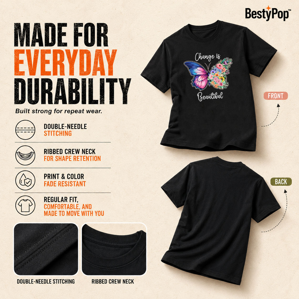 Women's Crew Neck t-shirt - Change is beautiful (170 GSM single jersey)