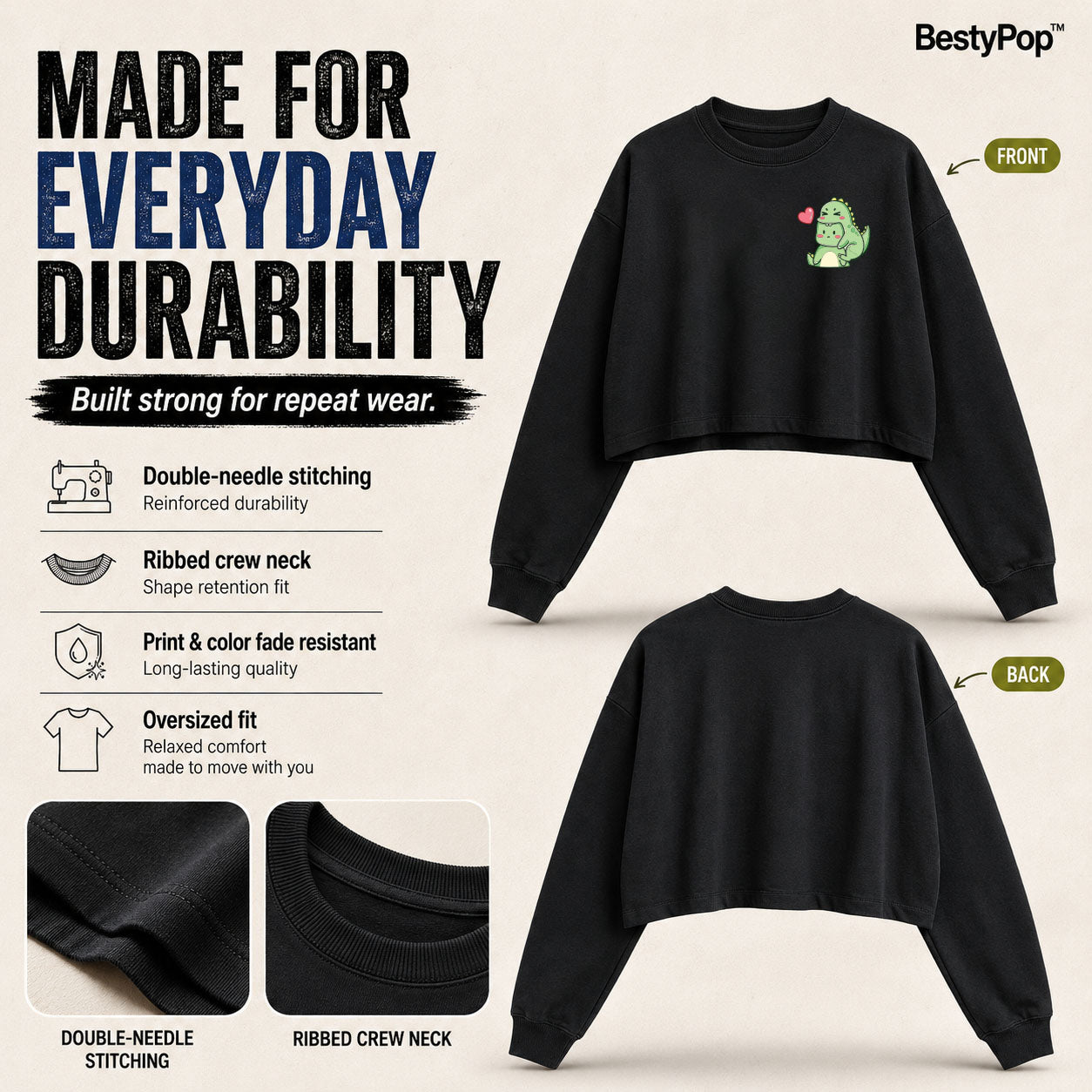 Women’s Oversized full Sleeve Crop Top - Dino (270 GSM French Terry)