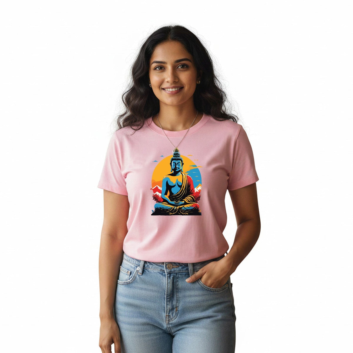 Women’s Graphic Print Round Neck T-Shirt- Buddha (170 GSM single jersey)