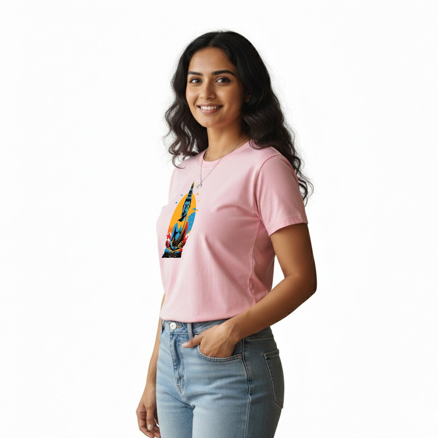 Women’s Graphic Print Round Neck T-Shirt- Buddha (170 GSM single jersey)