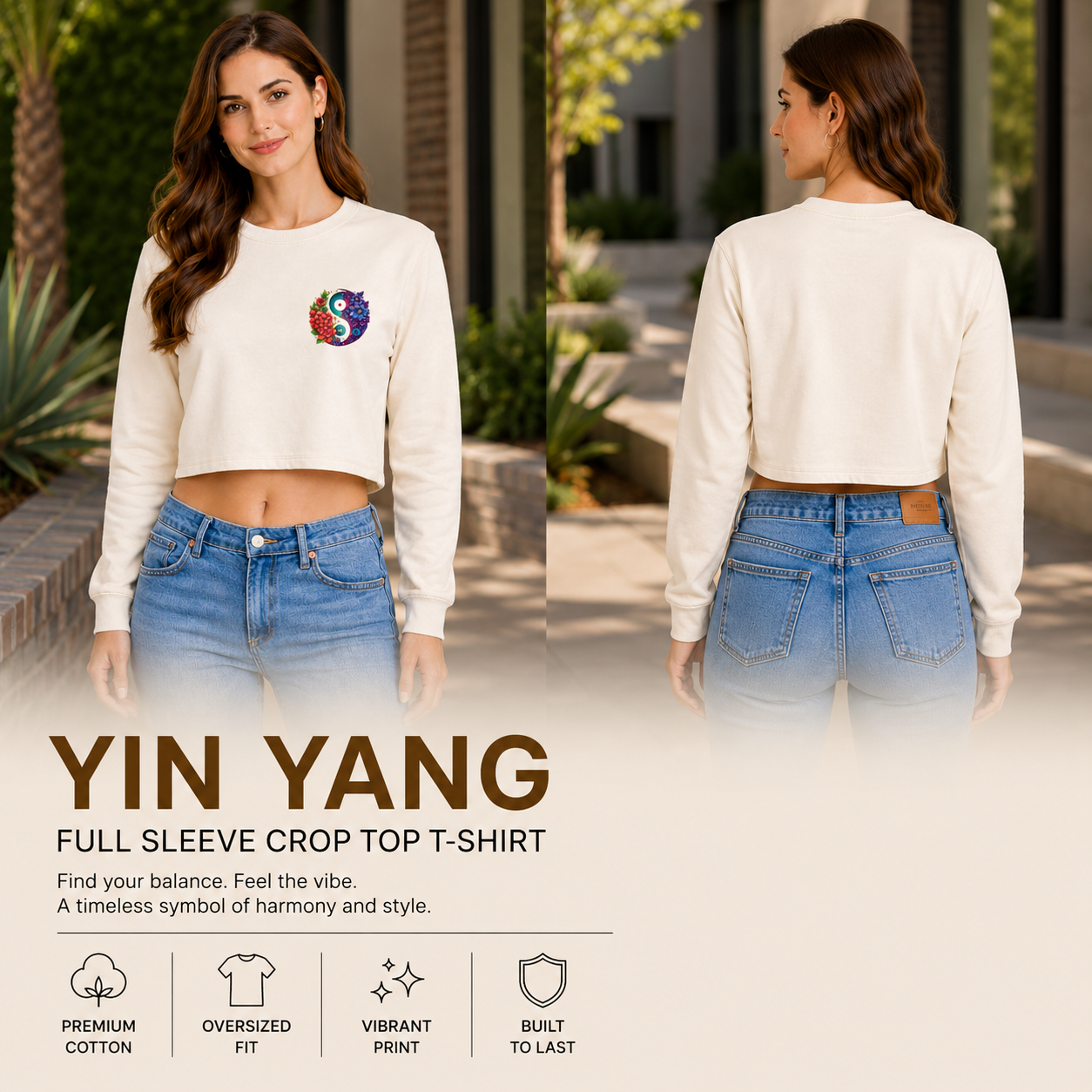 Women’s Oversized full Sleeve Crop Top - yin yang (270 GSM French Terry)