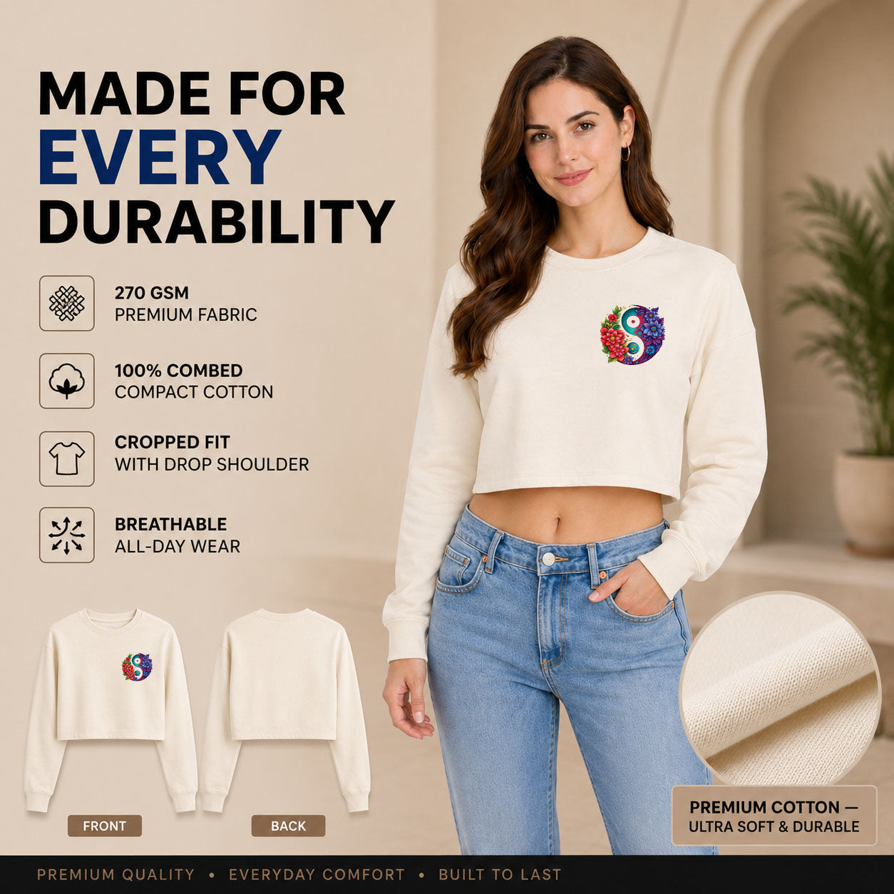 Women’s Oversized full Sleeve Crop Top - yin yang (270 GSM French Terry)