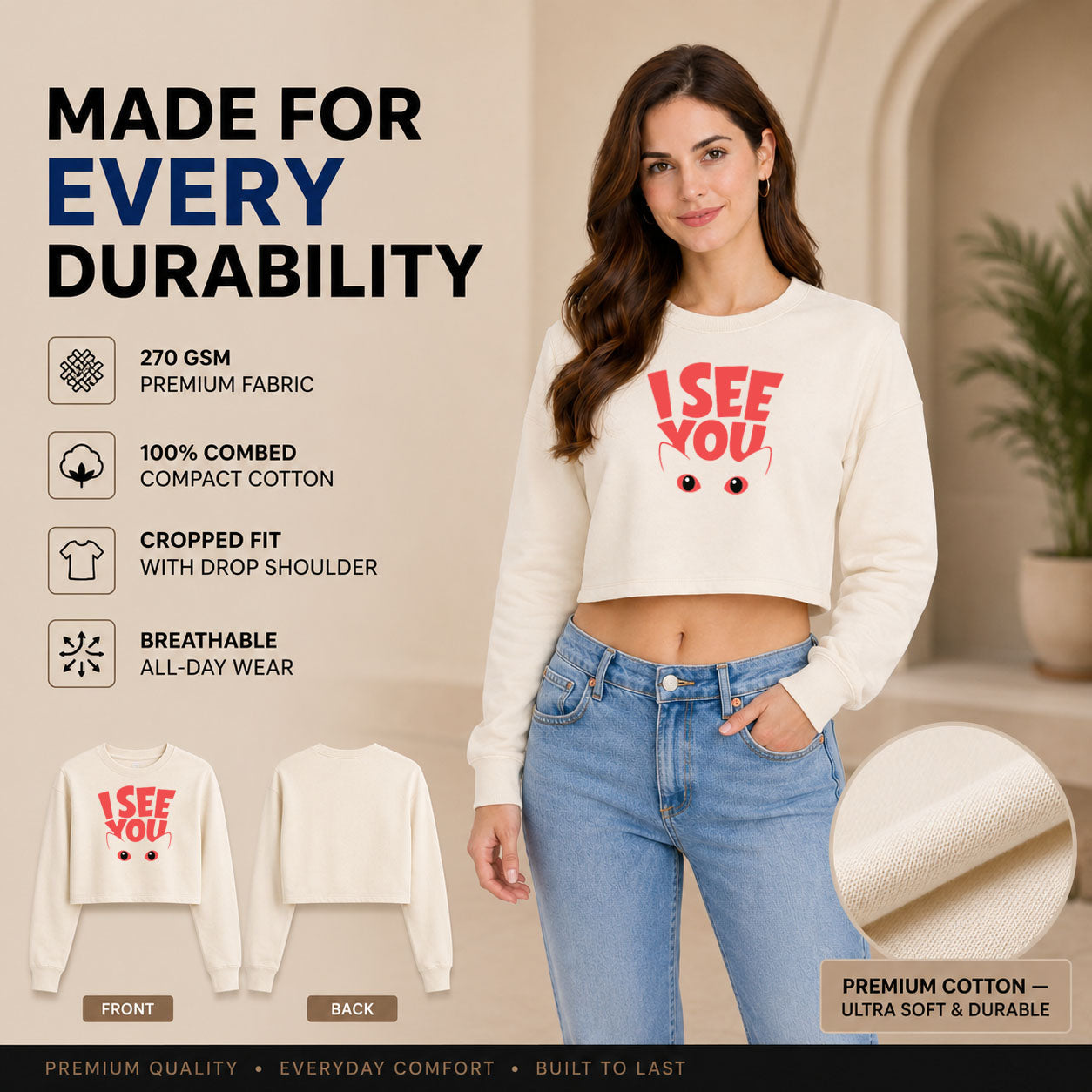 Women’s Oversized full Sleeve Crop Top - I see you (270 GSM French Terry)