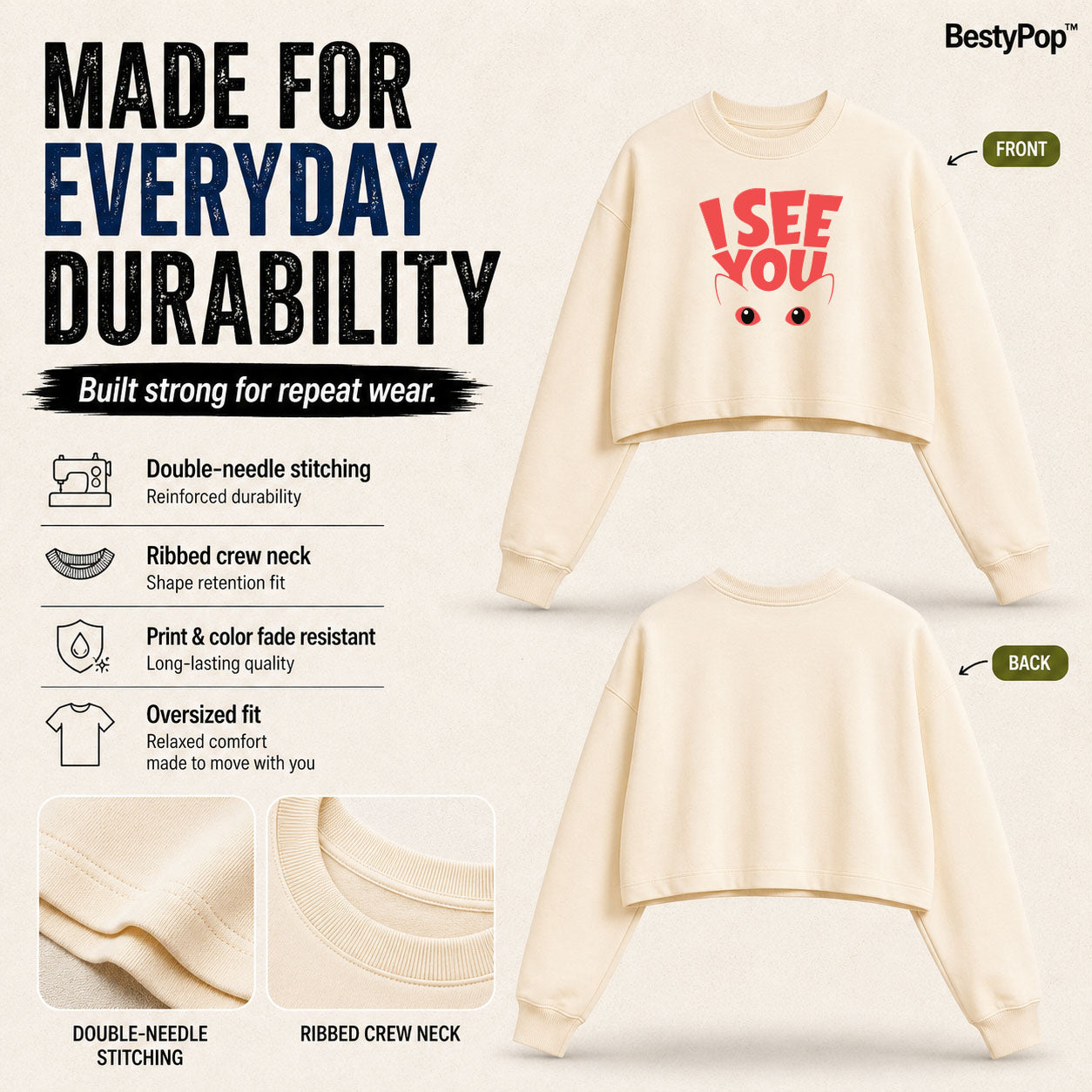 Women’s Oversized full Sleeve Crop Top - I see you (270 GSM French Terry)