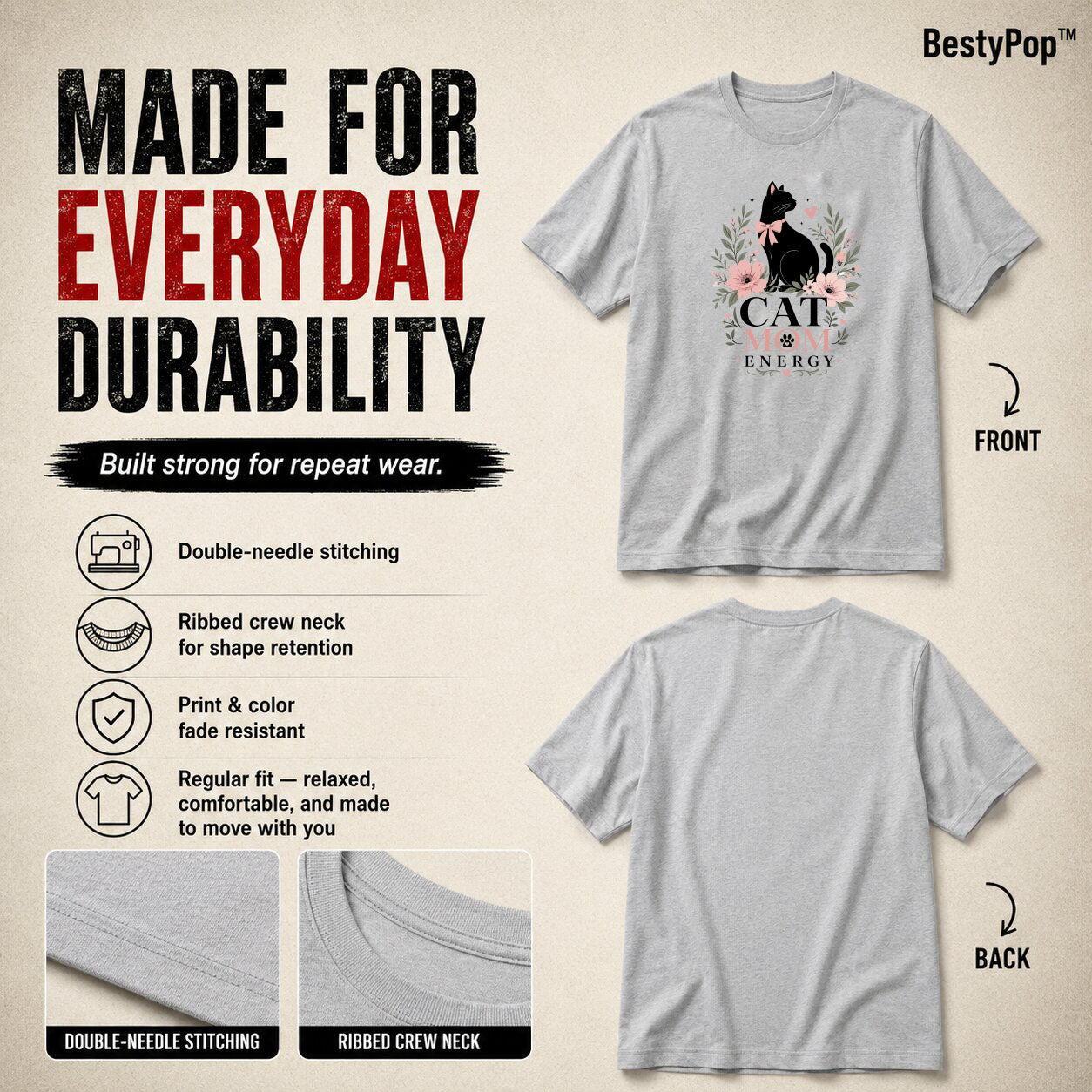 Cat Lover's Round Neck T-Shirts For Women - Cat Mom - (170 GSM) single jersey