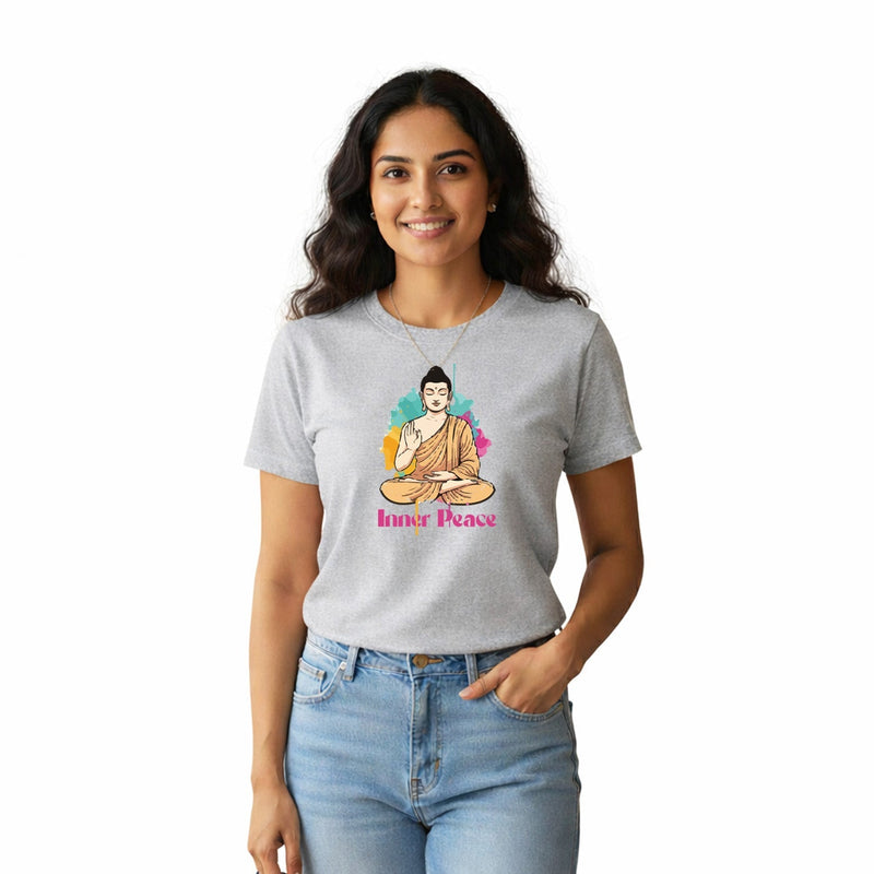 Women’s Graphic Print Round Neck T-Shirt- Buddha (170 GSM single jersey)