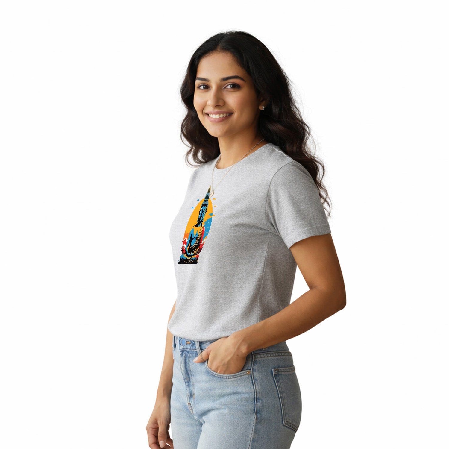 Women’s Graphic Print Round Neck T-Shirt- Buddha (170 GSM single jersey)