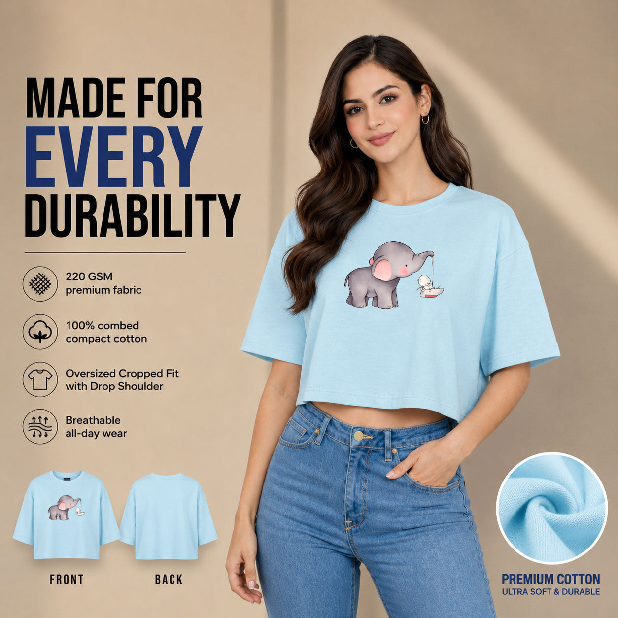 Women’s Oversized Half Sleeve Crop Top - Elephant (220 GSM Interlock Fabric)