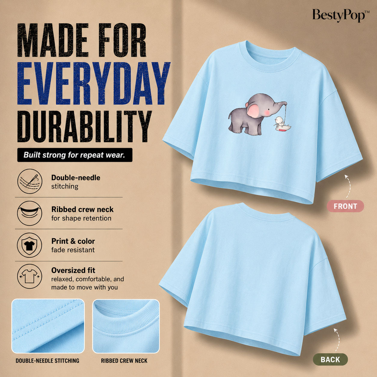 Women’s Oversized Half Sleeve Crop Top - Elephant (220 GSM Interlock Fabric)