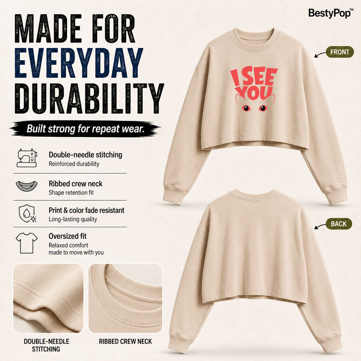 Women’s Oversized full Sleeve Crop Top - I see you (270 GSM French Terry)