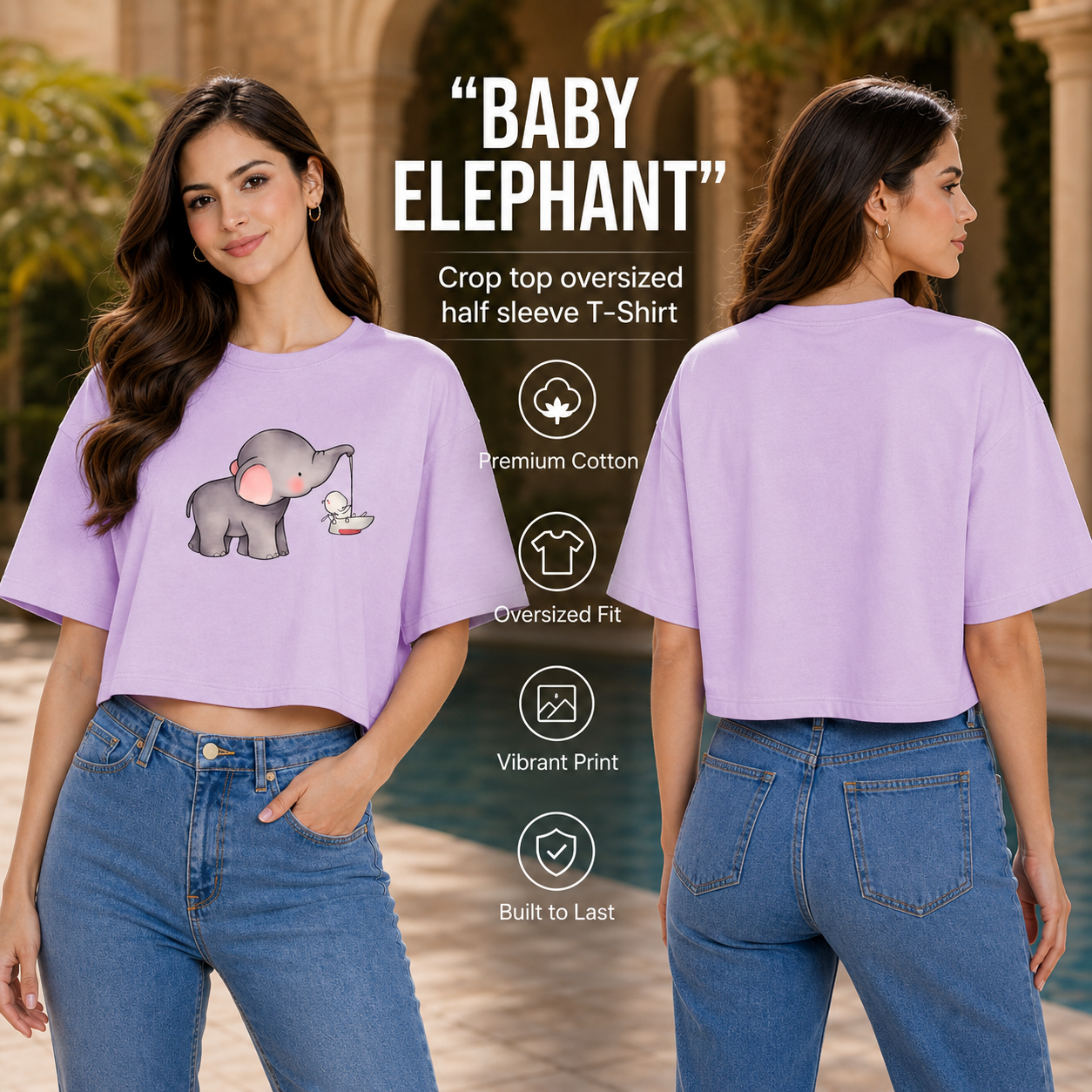 Women’s Oversized Half Sleeve Crop Top - Elephant (220 GSM Interlock Fabric)