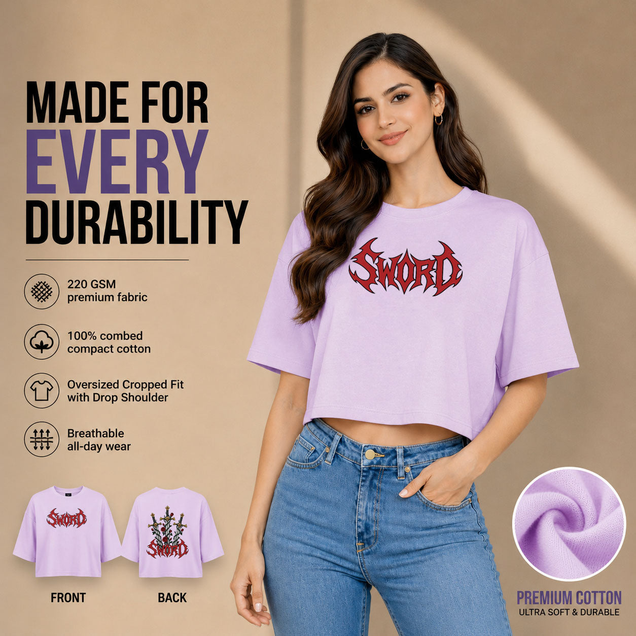 Women’s Oversized Half Sleeve Crop Top - 220 GSM