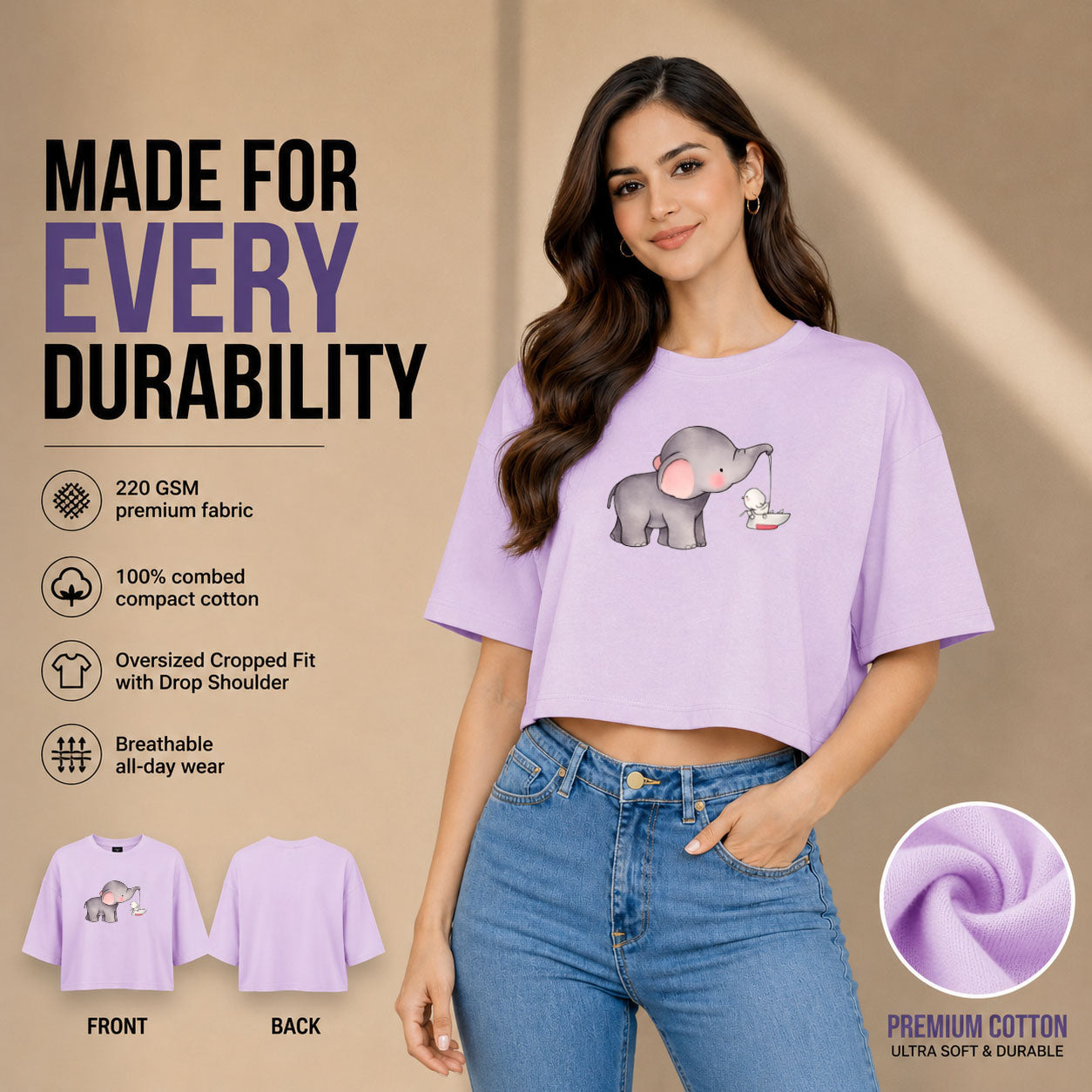 Women’s Oversized Half Sleeve Crop Top - Elephant (220 GSM Interlock Fabric)