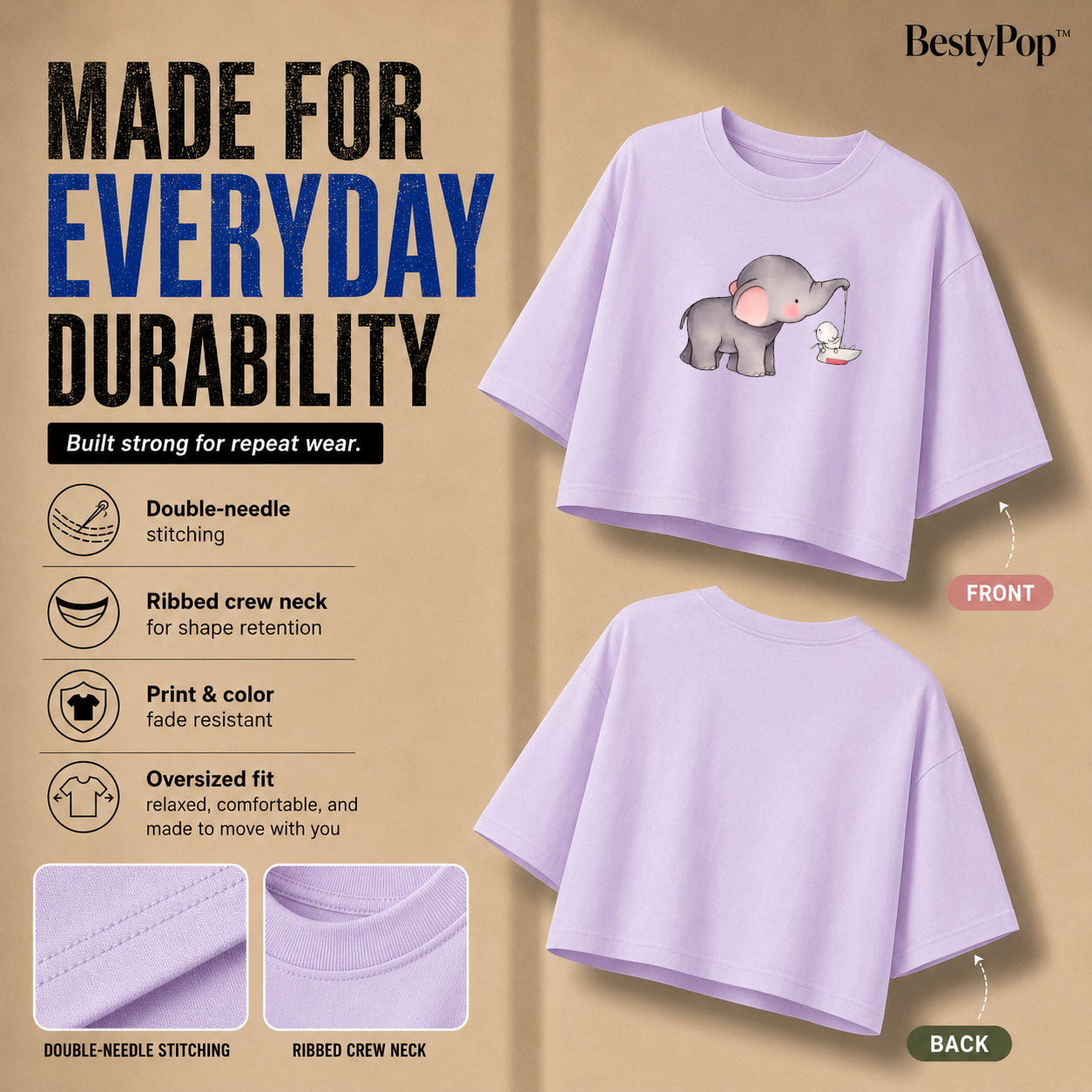 Women’s Oversized Half Sleeve Crop Top - Elephant (220 GSM Interlock Fabric)