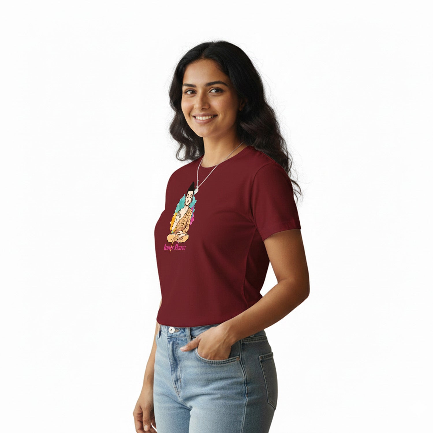 Women’s Graphic Print Round Neck T-Shirt- Buddha (170 GSM single jersey)