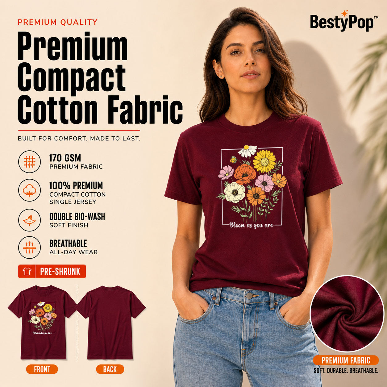 Women's Crew Neck t-shirt - Bloom as you are (170 GSM single jersey)