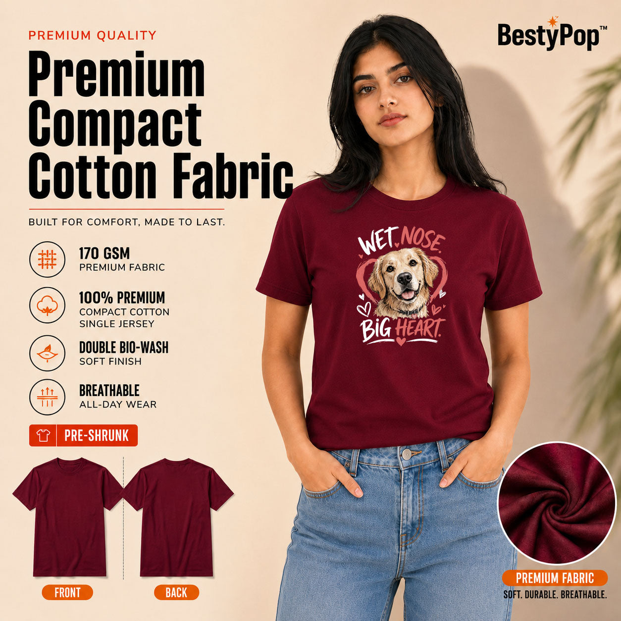 Dog Lover's Round Neck T-Shirts For Women - Big Heart - (170 GSM) single jersey