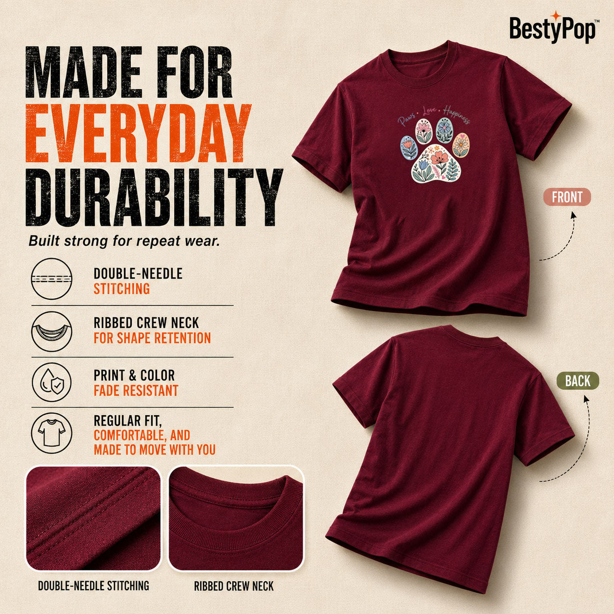 Dog Lover's Round Neck T-Shirts For Women - Paws Love Happiness - (170 GSM) single jersey