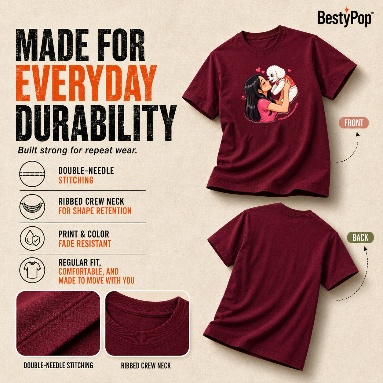 Dog Lover's Round Neck T-Shirts For Women - Paws Love - (170 GSM) single jersey