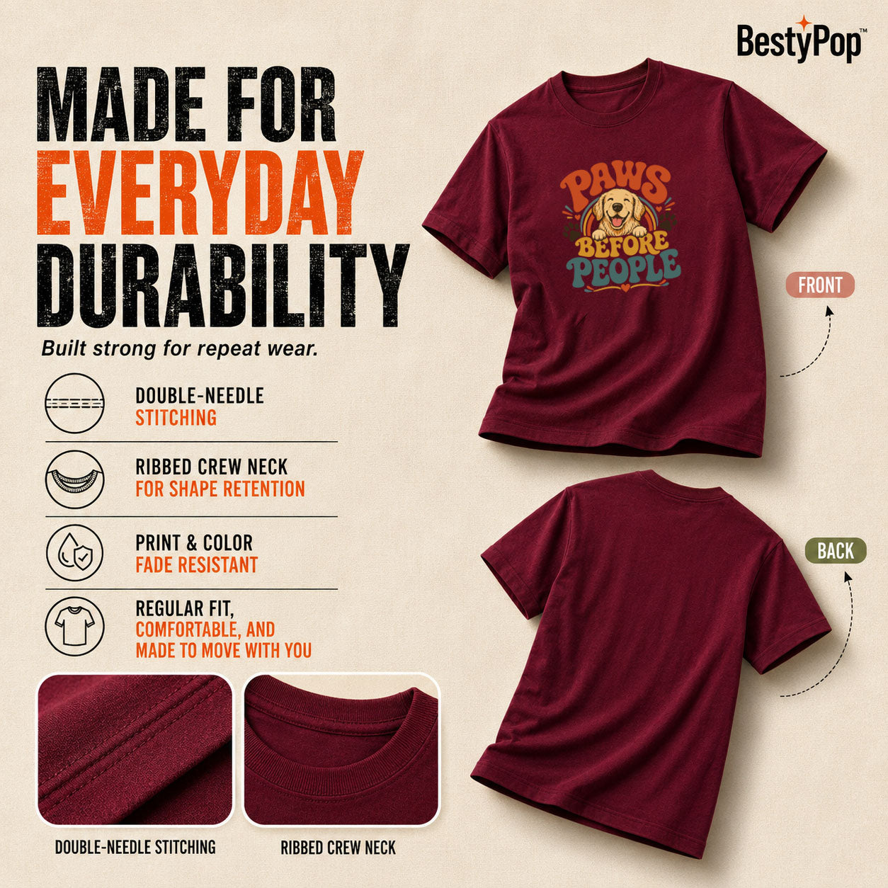 Dog Lover's Round Neck T-Shirts For Women - Happy Paws - (170 GSM) single jersey