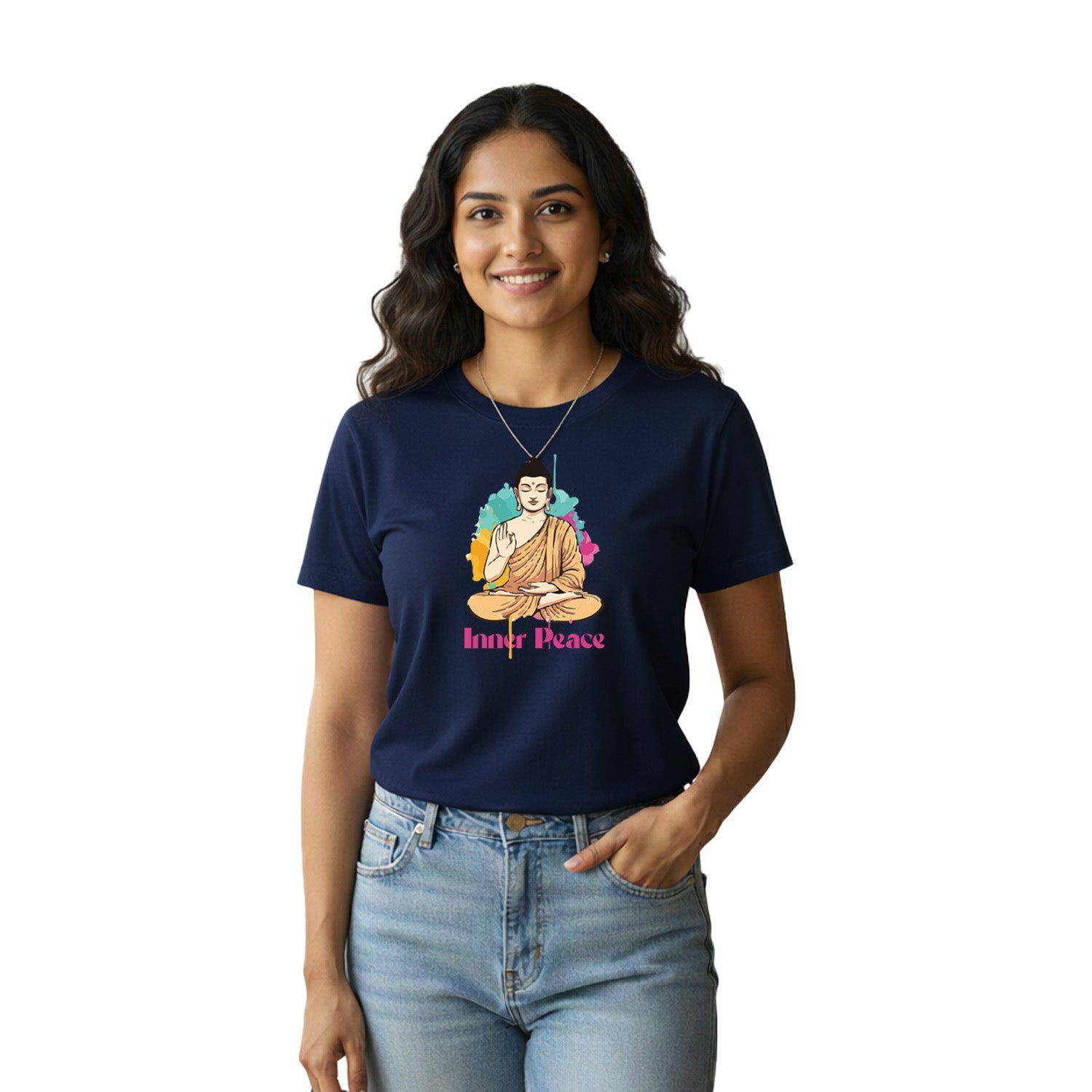 Women’s Graphic Print Round Neck T-Shirt- Buddha (170 GSM single jersey)
