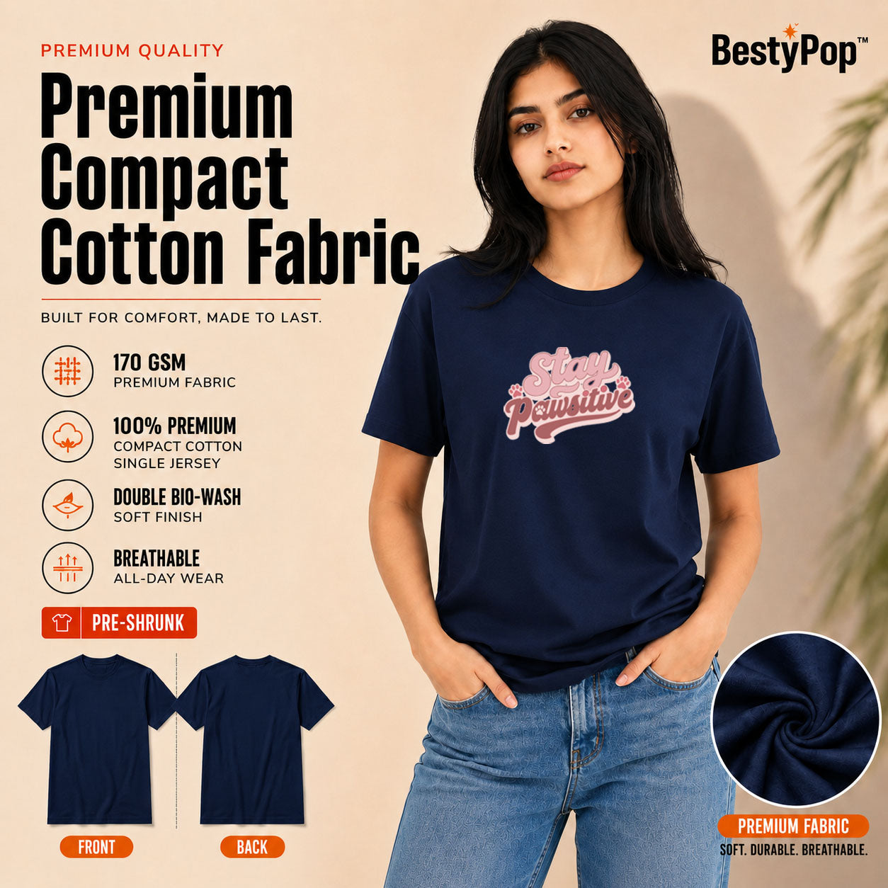 Dog Lover's Round Neck T-Shirts For Women - Stay Pawsitive - (170 GSM) single jersey