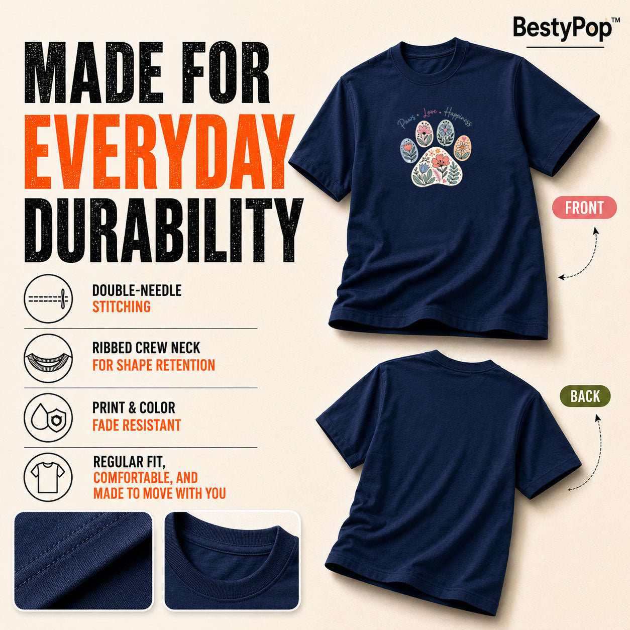 Dog Lover's Round Neck T-Shirts For Women - Paws Love Happiness - (170 GSM) single jersey
