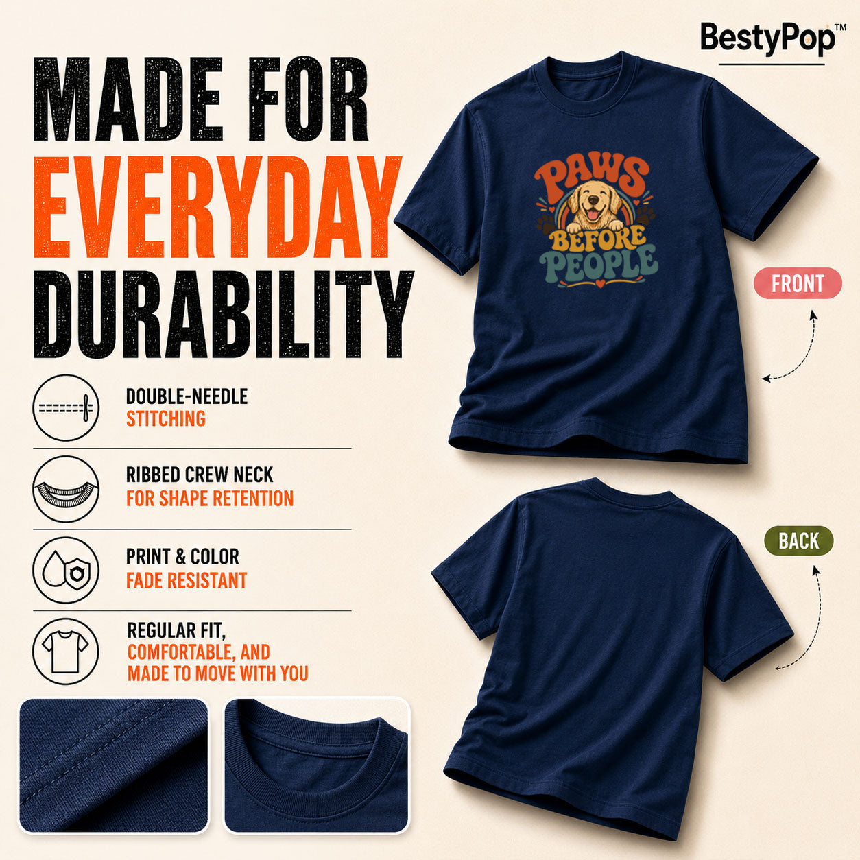 Dog Lover's Round Neck T-Shirts For Women - Happy Paws - (170 GSM) single jersey