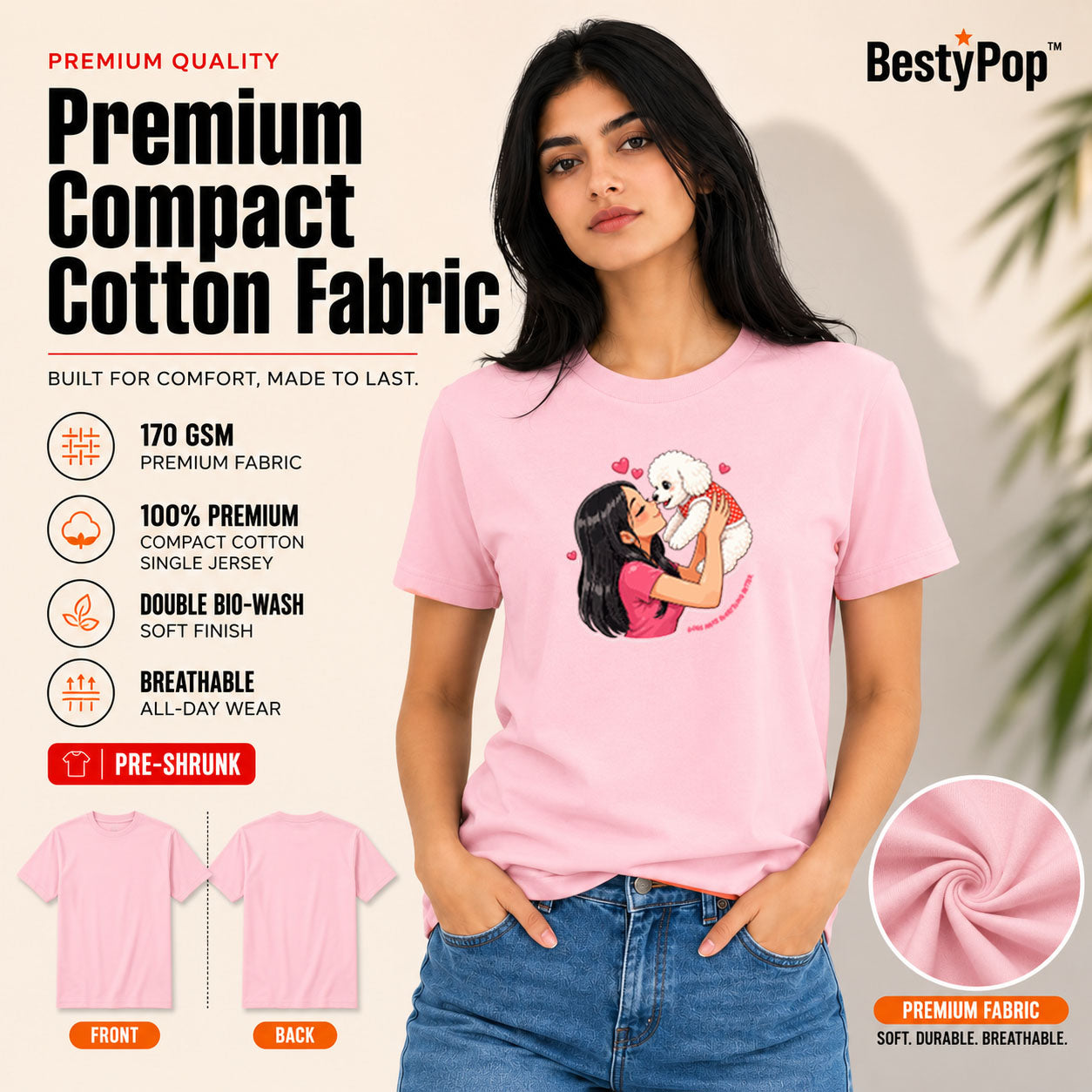 Dog Lover's Round Neck T-Shirts For Women - Paws Love - (170 GSM) single jersey