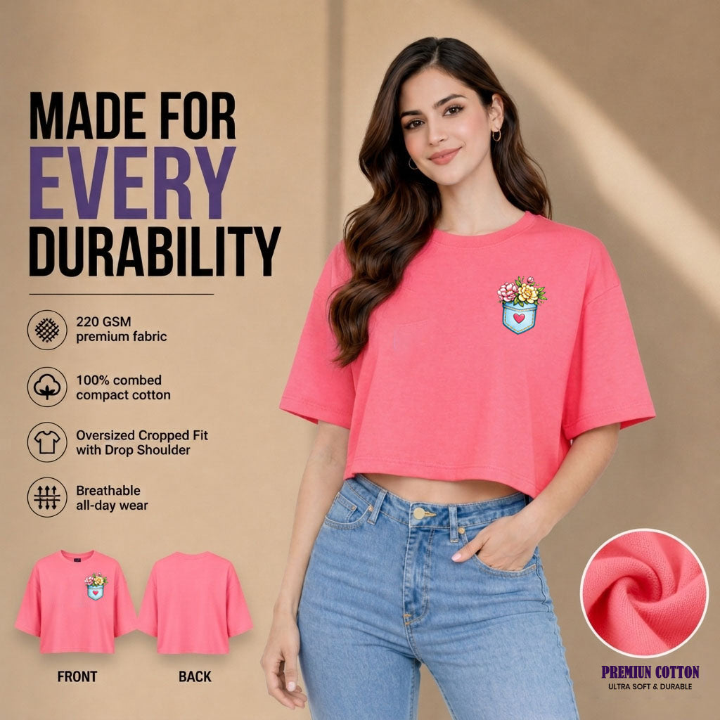 Women’s Oversized Half Sleeve Crop Top - Flower Pocket (220 GSM Interlock Fabric)