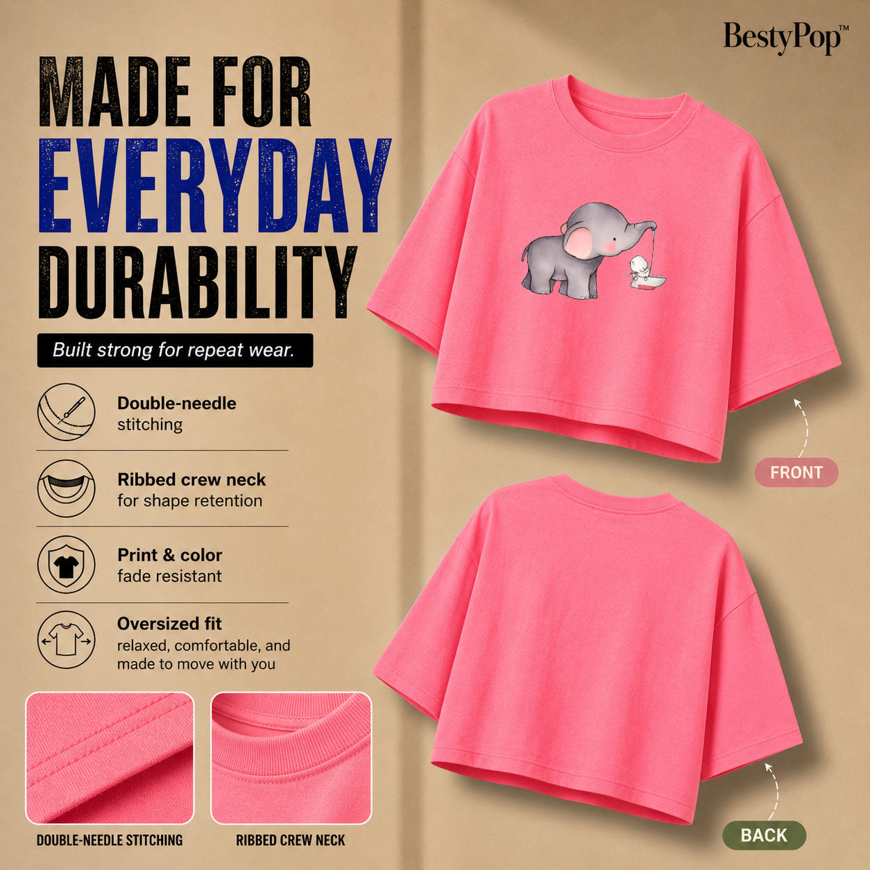 Women’s Oversized Half Sleeve Crop Top - Elephant (220 GSM Interlock Fabric)