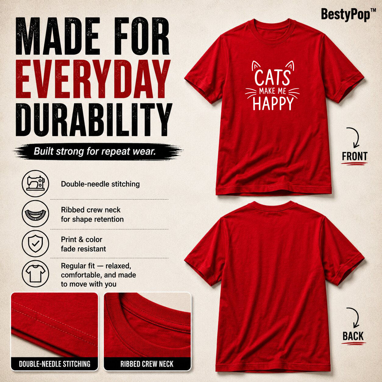 Cat Lover's Round Neck T-Shirts For Women - Happy Cats - (170 GSM) single jersey