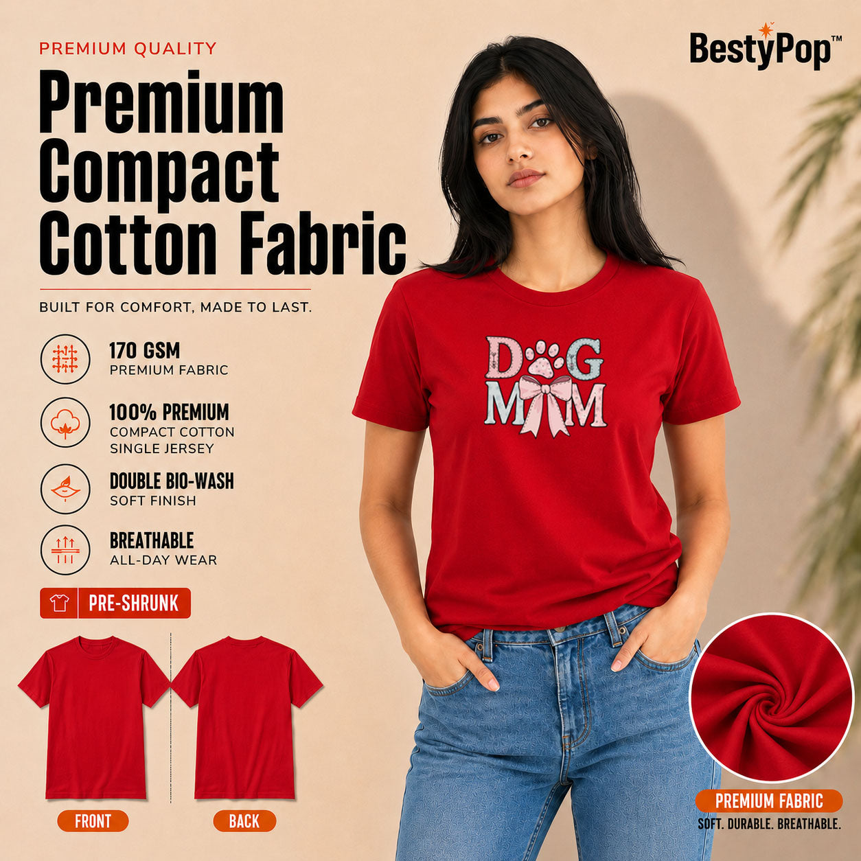 Dog Lover's Round Neck T-Shirts For Women - Dog Mom - (170 GSM) single jersey