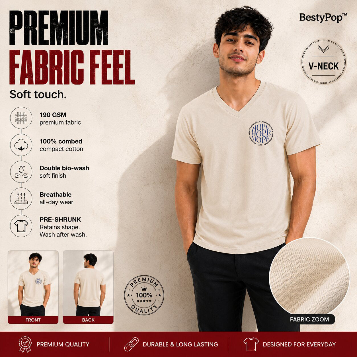 Men’s Graphic Print V-Neck T-Shirt- 190GSM