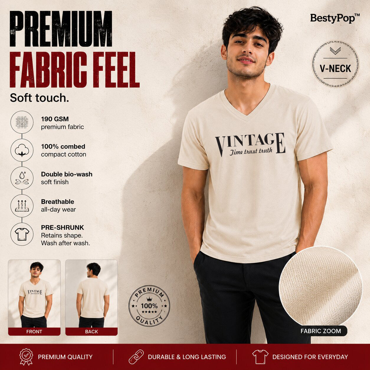Men’s Graphic Print V-Neck T-Shirt- 190GSM