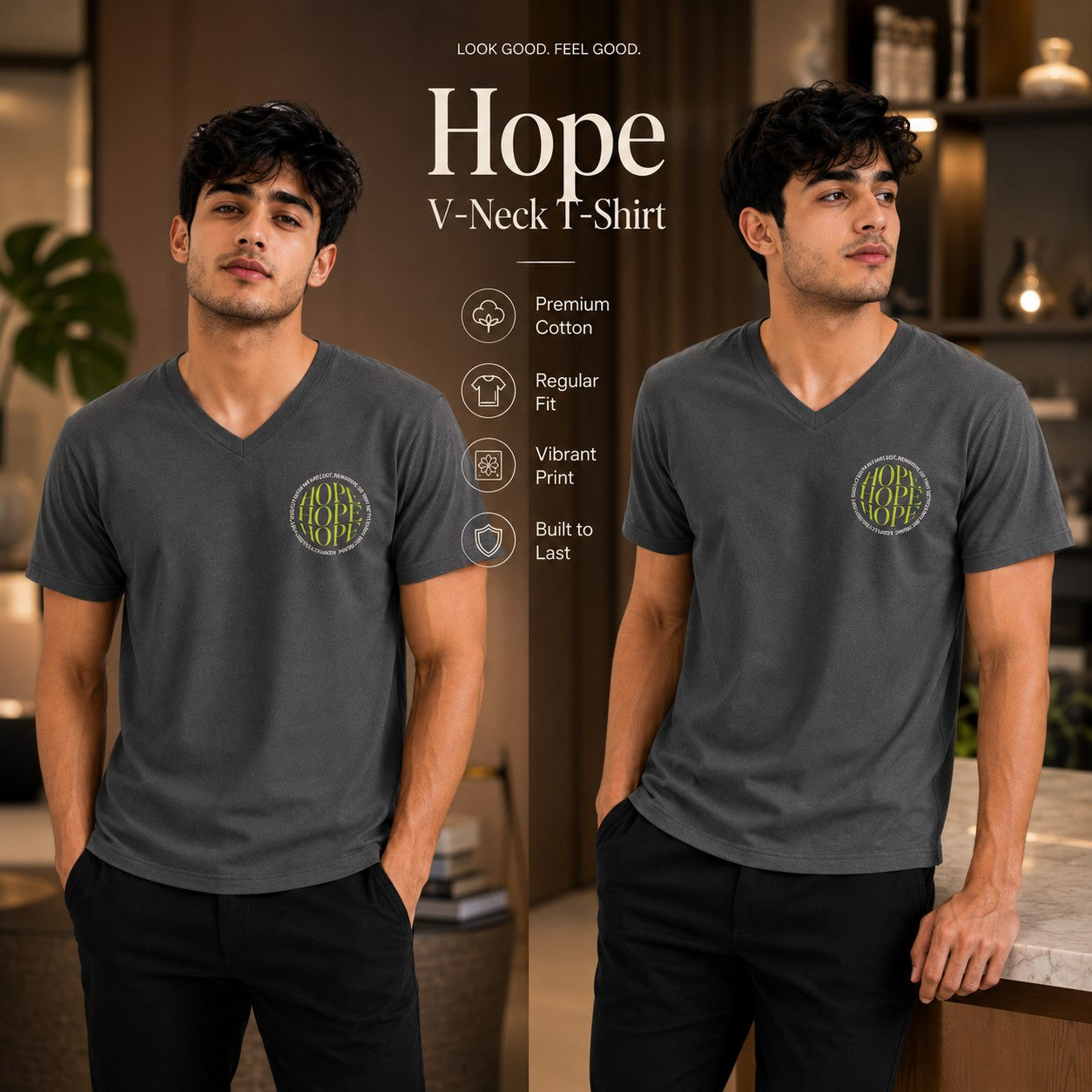 Men’s Graphic Print V-Neck T-Shirt- 190GSM