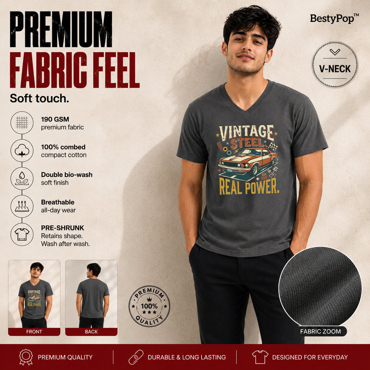 Men’s Graphic Print V-Neck T-Shirt- 190GSM